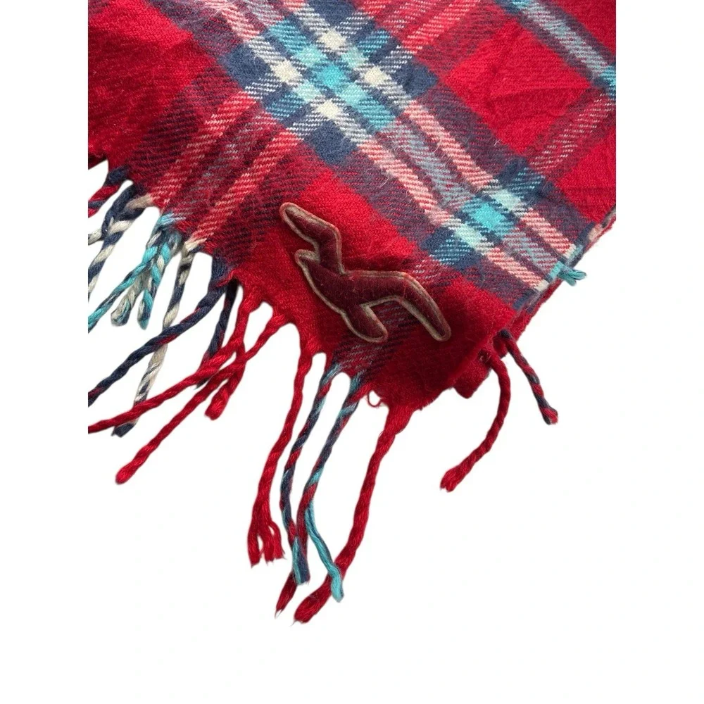 Hollister Red Plaid Fringe Logo Scarf Cozy Preppy Winter‎ Cabincore Outdoors Ivy